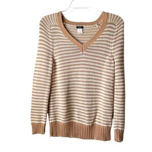 J. Crew V-Neck Sweater Tan and White Stripes Long Sleeved 100% Cotton XS